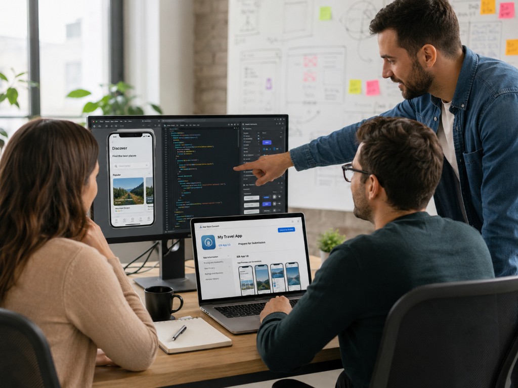 A mobile app development team reviewing an iOS app interface