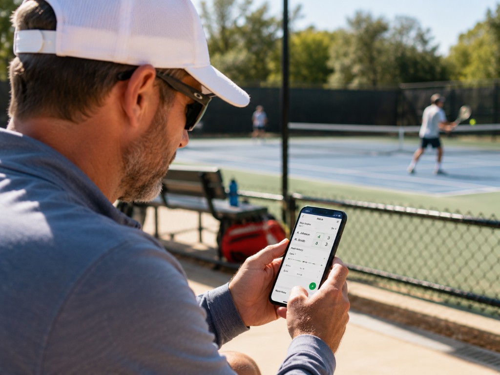 A spectator charting a tennis match on a phone from courtside